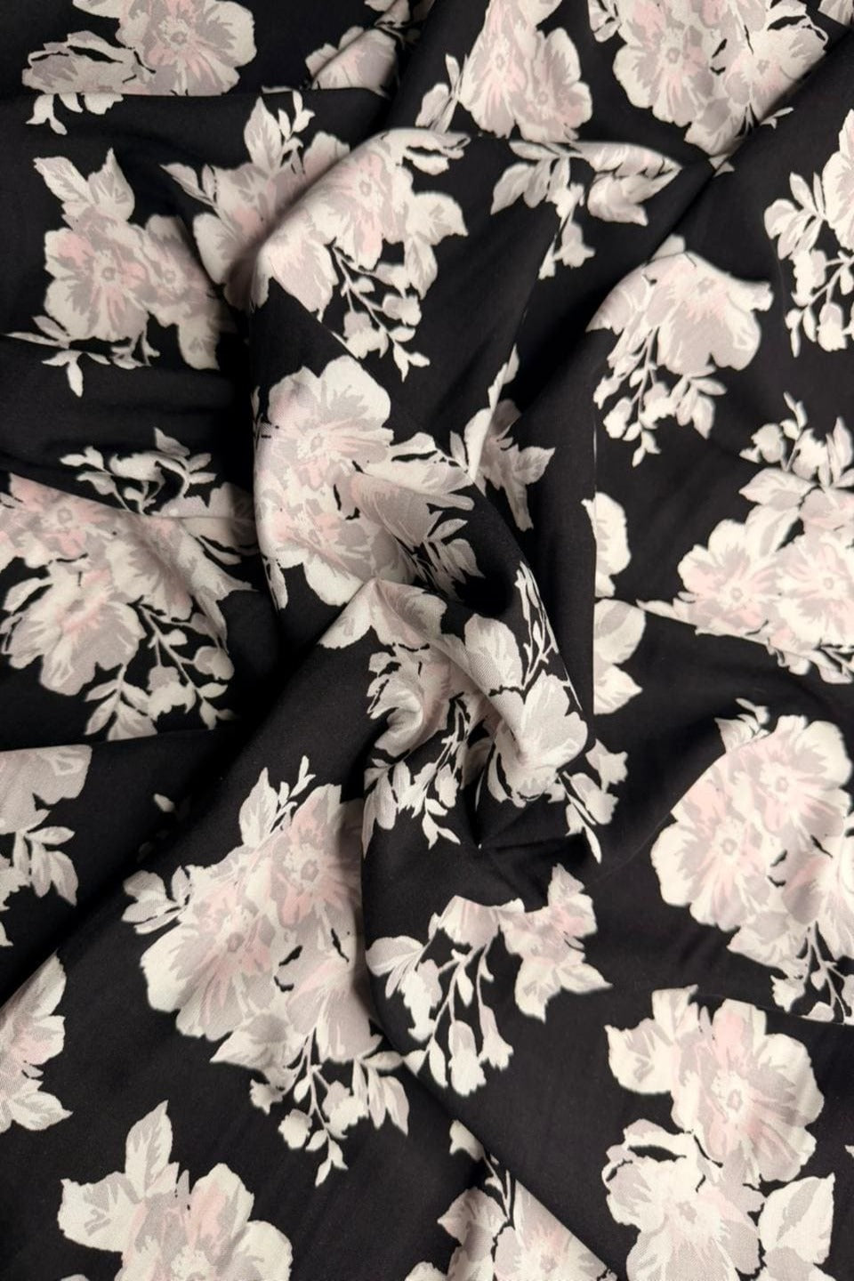 Luxury Imported Stone Linen – Soft Pink Floral Printed Fabric in Black (4 Yards)