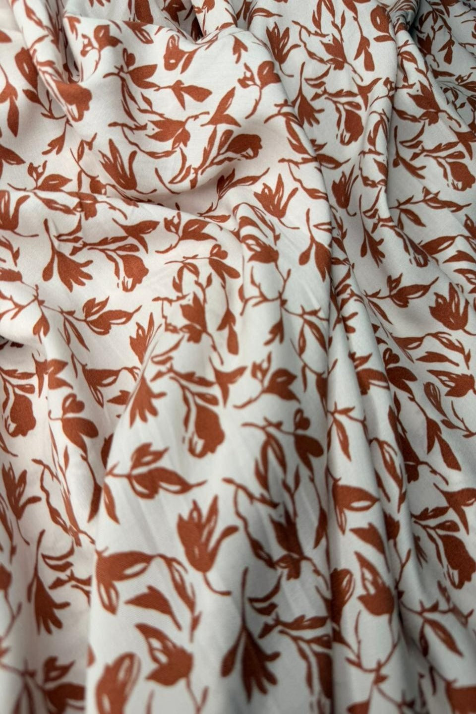 Luxury Imported Stone Linen – Terracotta Leaf Vine Printed Fabric in Off-White (4 Yards)