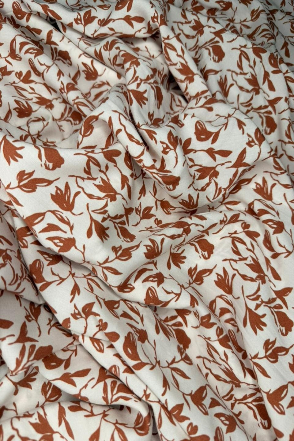 Luxury Imported Stone Linen – Terracotta Leaf Vine Printed Fabric in Off-White (4 Yards)