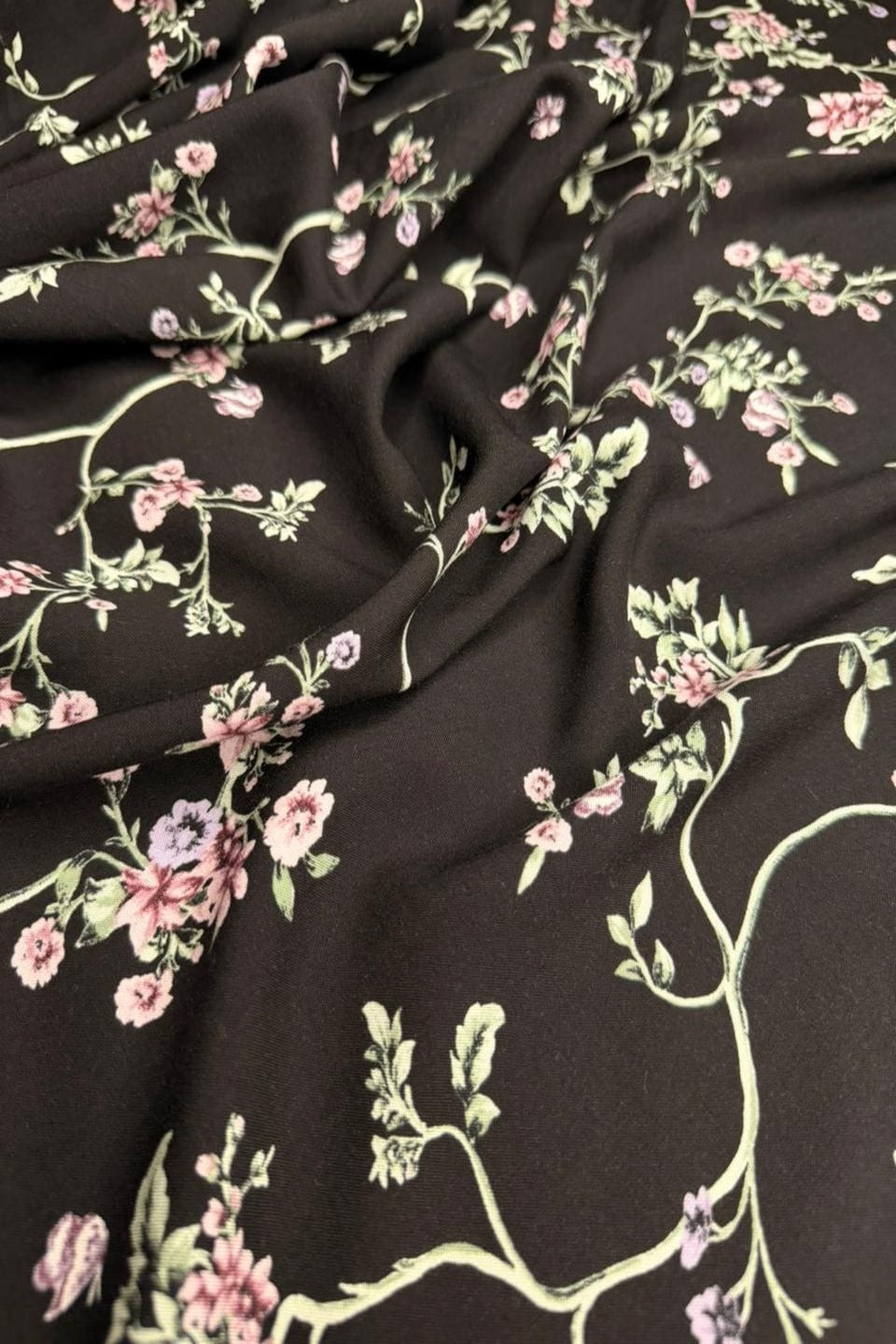 Luxury Imported Stone Linen – Delicate Pink Floral Vine Printed Fabric in Dark Brown (4 Yards)