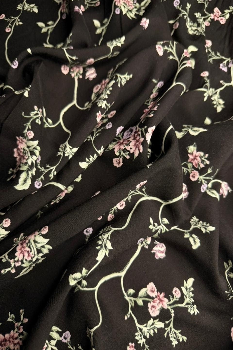 Luxury Imported Stone Linen – Delicate Pink Floral Vine Printed Fabric in Dark Brown (4 Yards)
