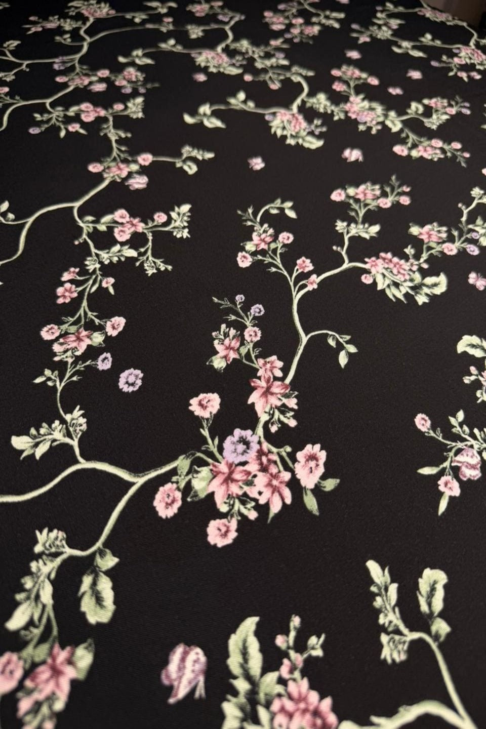 Luxury Imported Stone Linen – Delicate Pink Floral Vine Printed Fabric in Dark Brown (4 Yards)