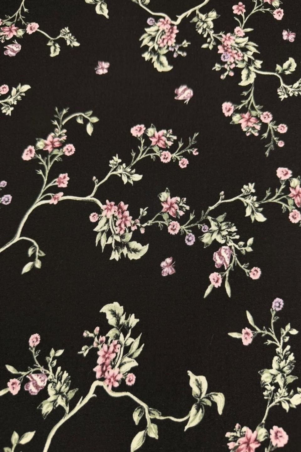 Luxury Imported Stone Linen – Delicate Pink Floral Vine Printed Fabric in Dark Brown (4 Yards)