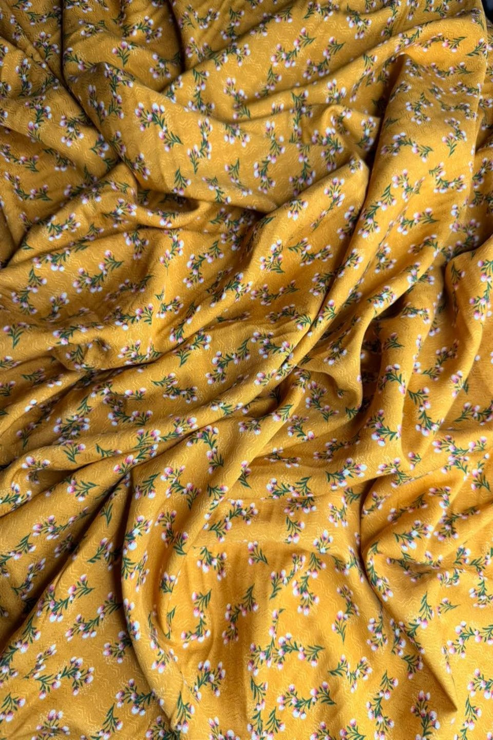 Luxury Imported Stone Linen – Micro Floral Spray Printed Fabric in Mustard Yellow (4 Yards)