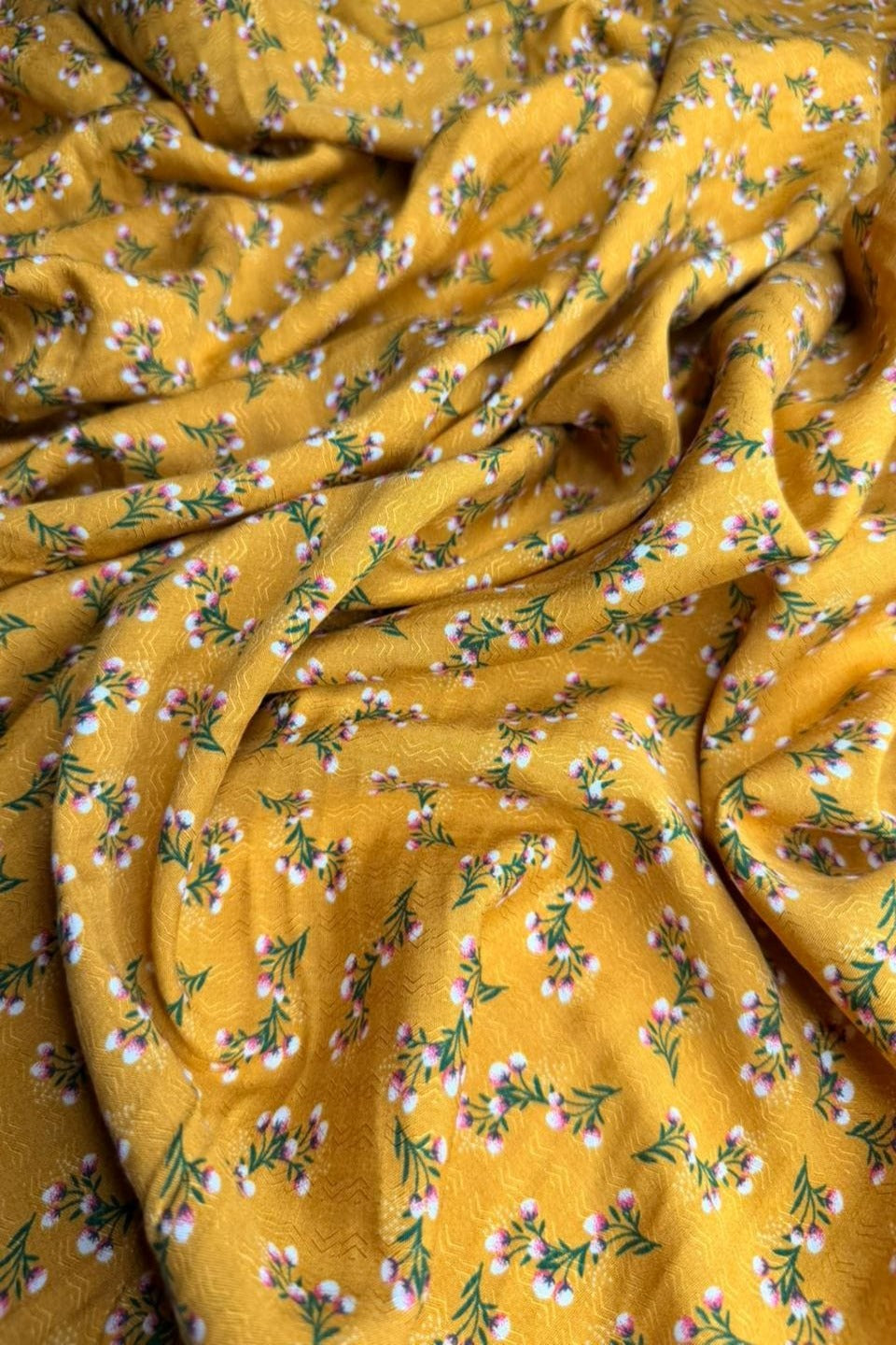Luxury Imported Stone Linen – Micro Floral Spray Printed Fabric in Mustard Yellow (4 Yards)