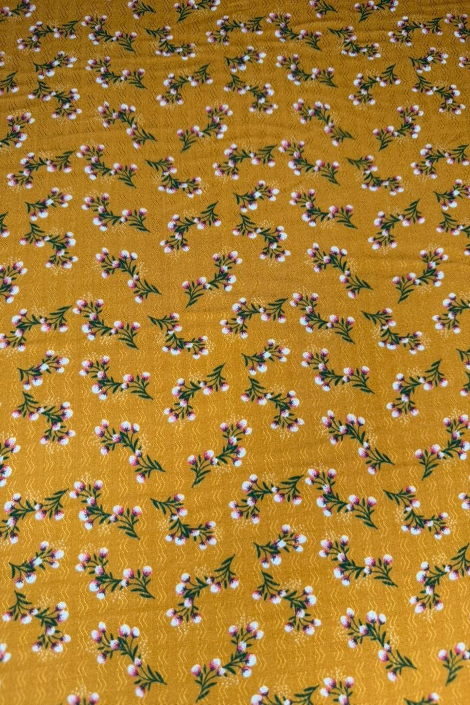 Luxury Imported Stone Linen – Micro Floral Spray Printed Fabric in Mustard Yellow (4 Yards)