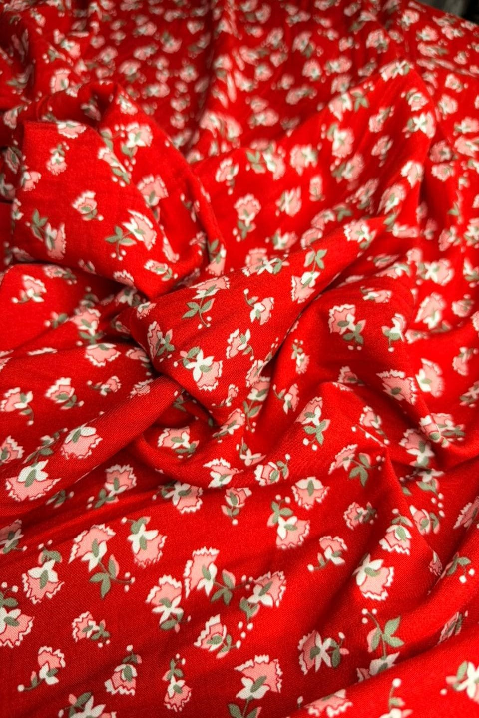 Luxury Imported Stone Linen – Petite Floral Ditsy Printed Fabric in Vibrant Red (4 Yards)