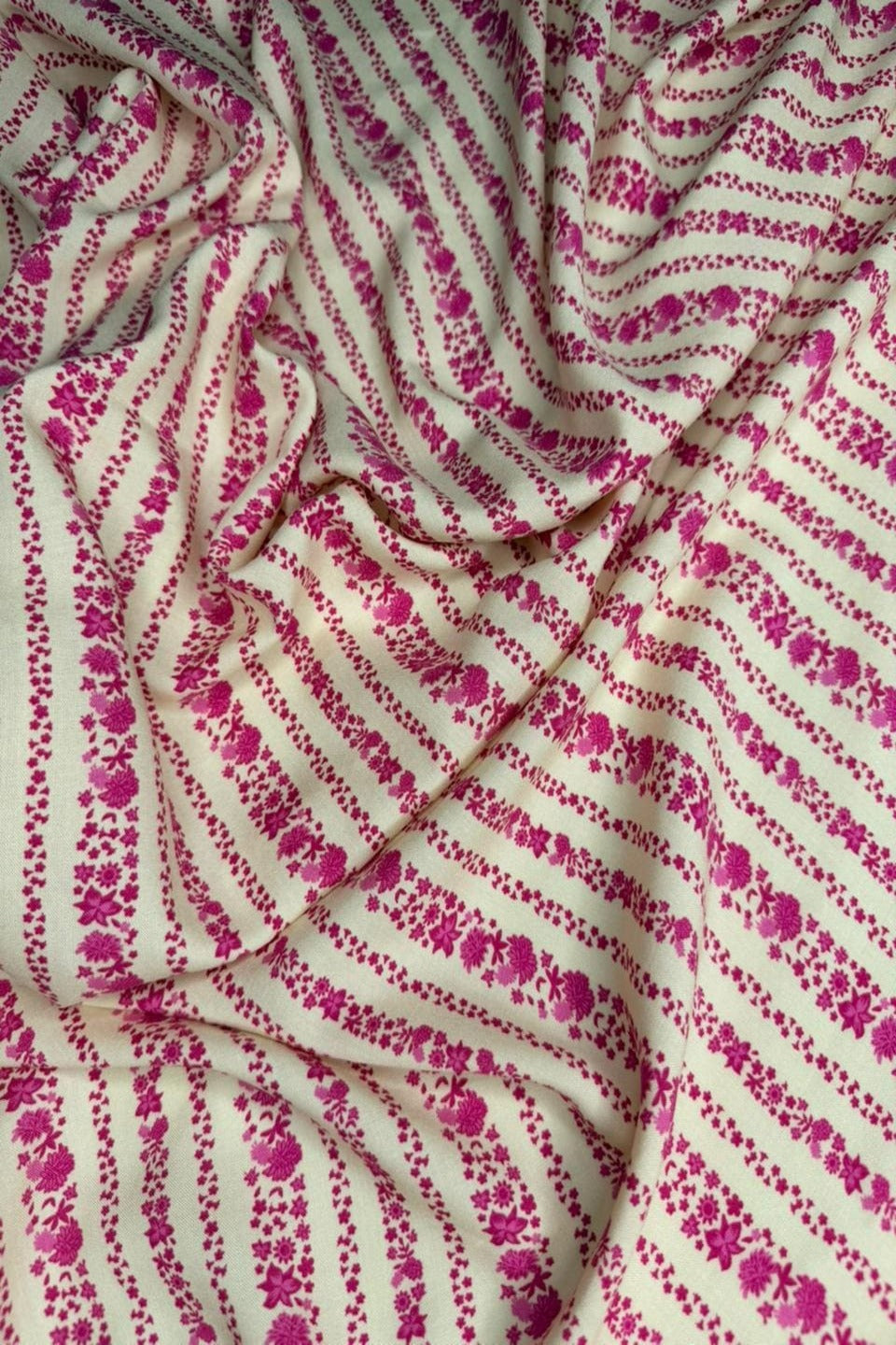 Luxury Imported Stone Linen – Magenta Pink Floral Striped Printed Fabric in Off-White (4 Yards)