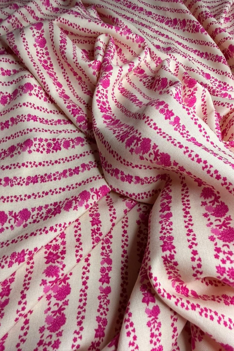Luxury Imported Stone Linen – Magenta Pink Floral Striped Printed Fabric in Off-White (4 Yards)