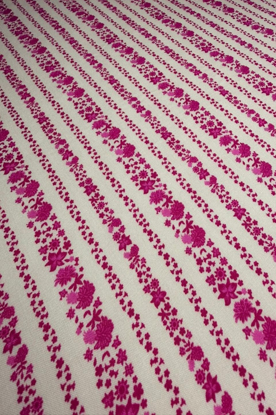 Luxury Imported Stone Linen – Magenta Pink Floral Striped Printed Fabric in Off-White (4 Yards)