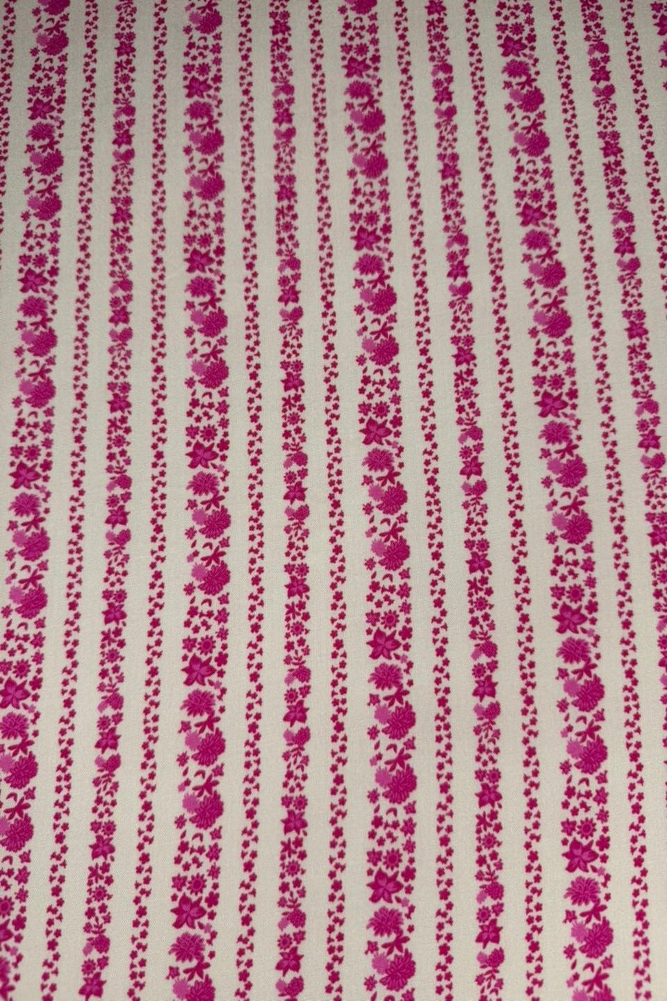 Luxury Imported Stone Linen – Magenta Pink Floral Striped Printed Fabric in Off-White (4 Yards)