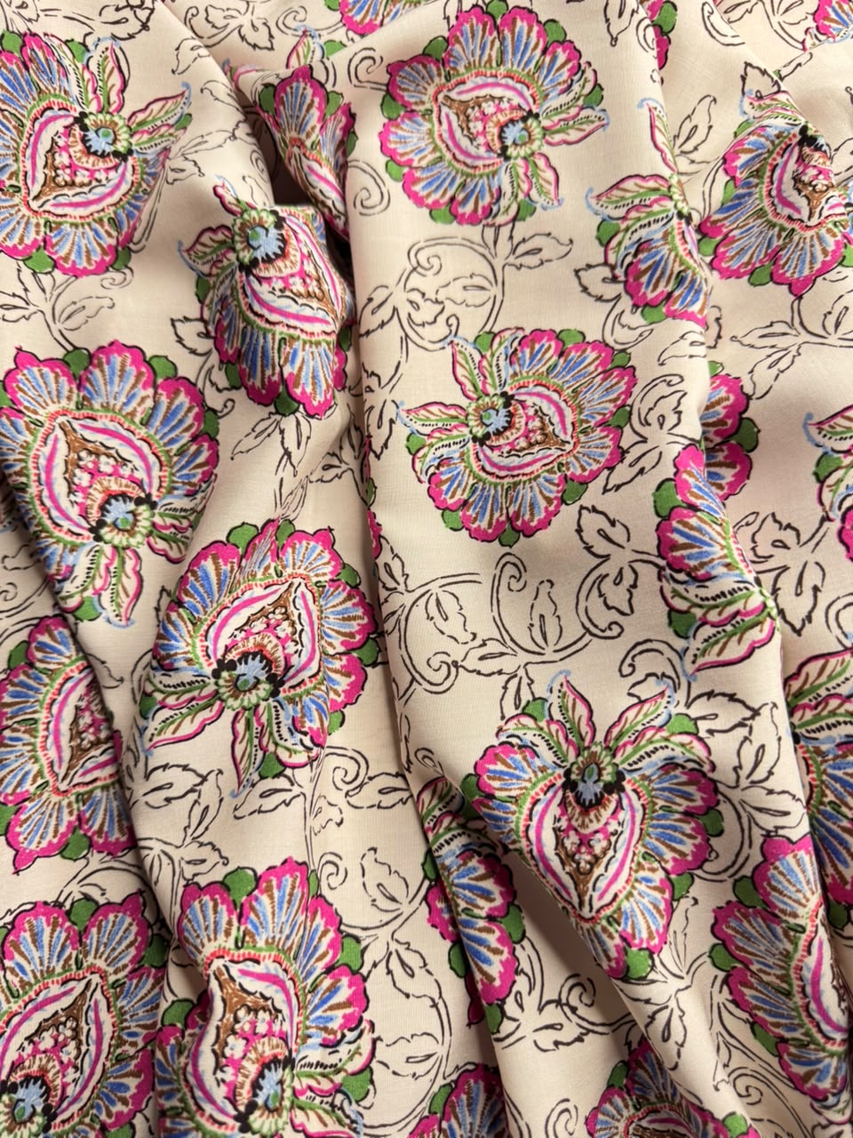 Luxury Imported Stone Linen Paisley Floral Print Beige & Pink - 2 Piece Suit For Women