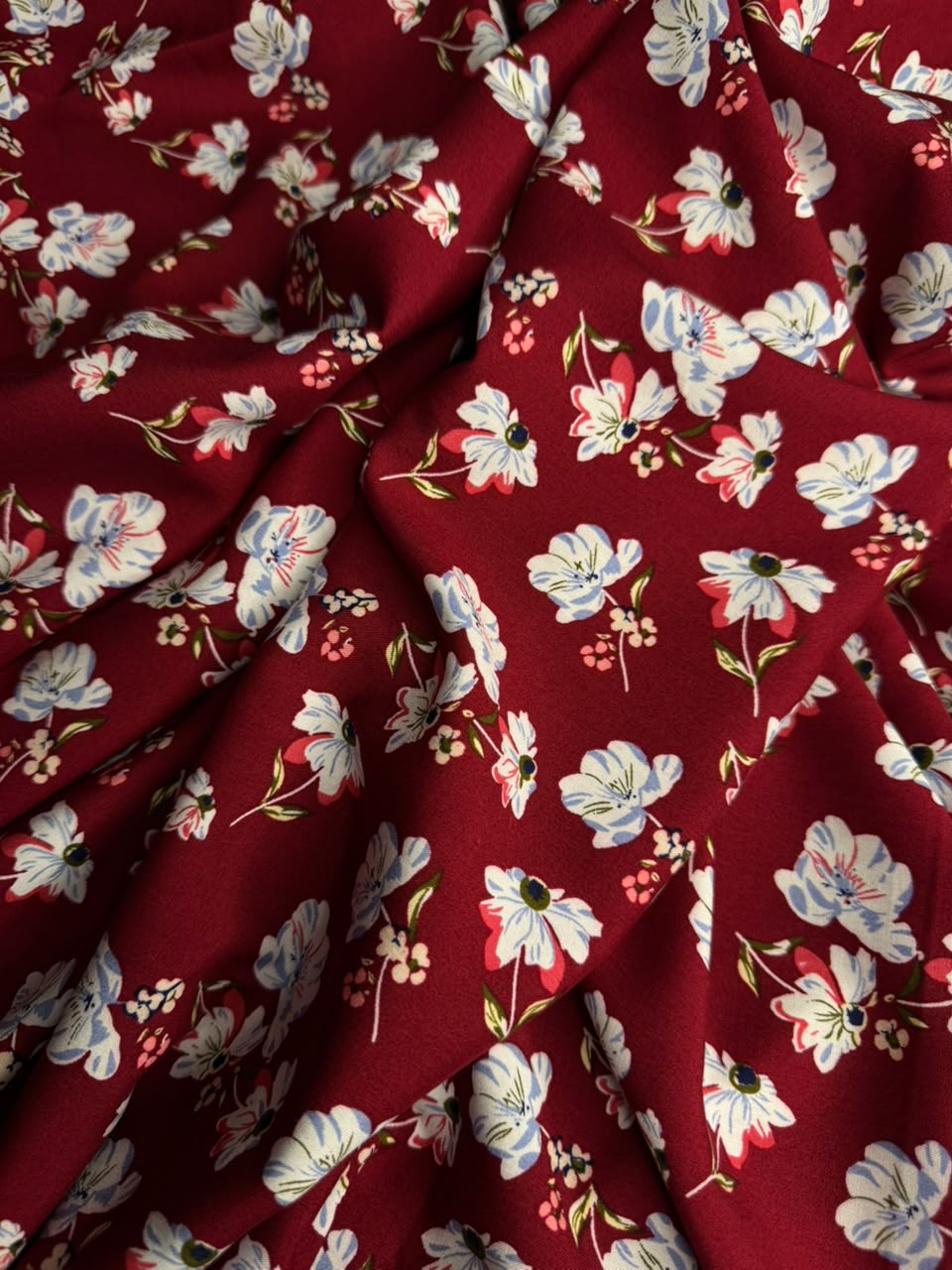 Luxury Imported Stone Linen Floral Spray Print Maroon Red - 2 Piece Suit For Women