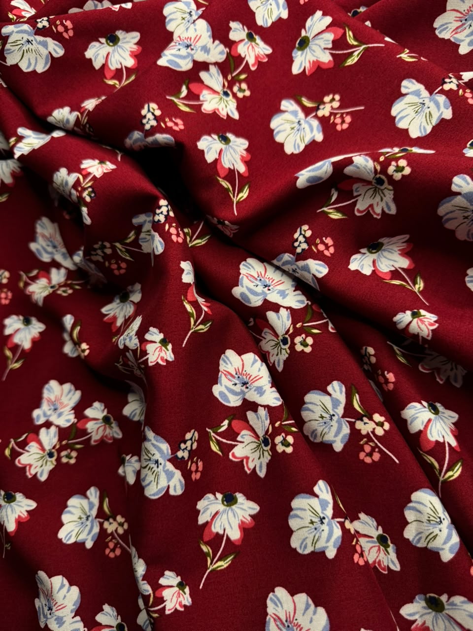 Luxury Imported Stone Linen Floral Spray Print Maroon Red - 2 Piece Suit For Women
