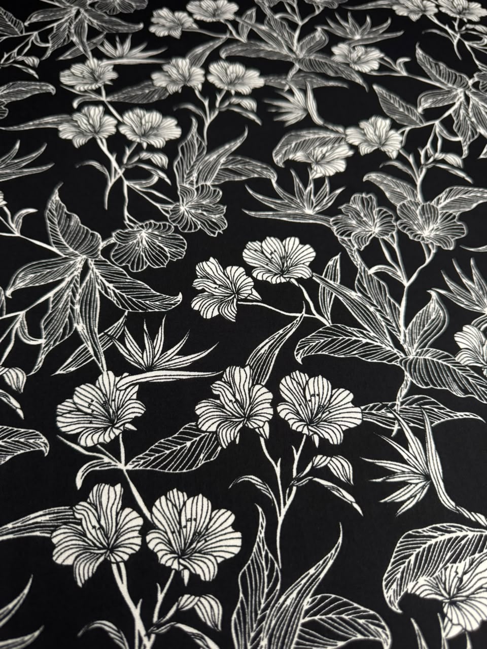 Luxury Imported Stone Linen – White Floral Print | Black