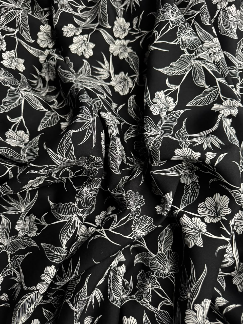 Luxury Imported Stone Linen – White Floral Print | Black
