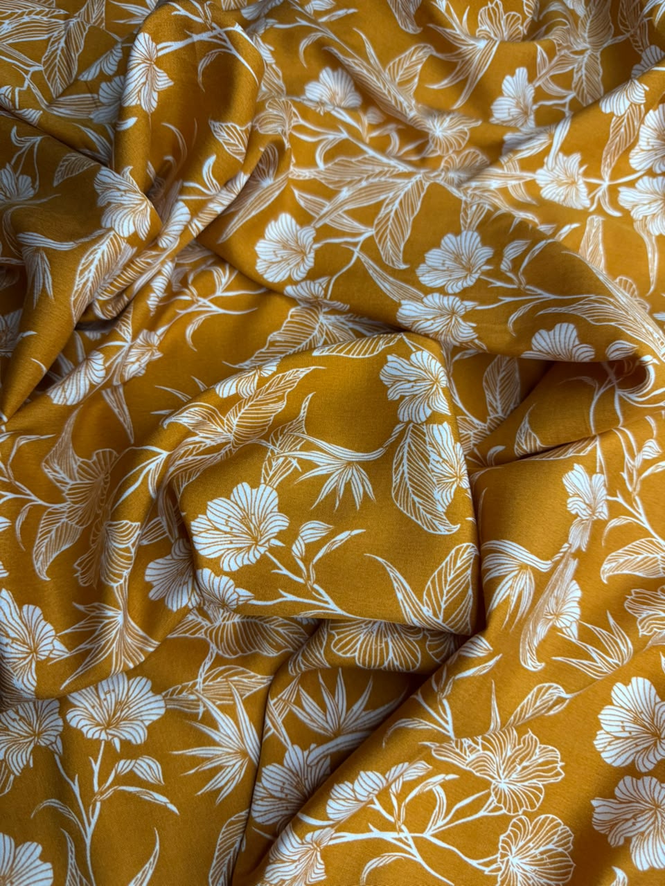 Luxury Imported Stone Linen – White Floral Print | Mustard