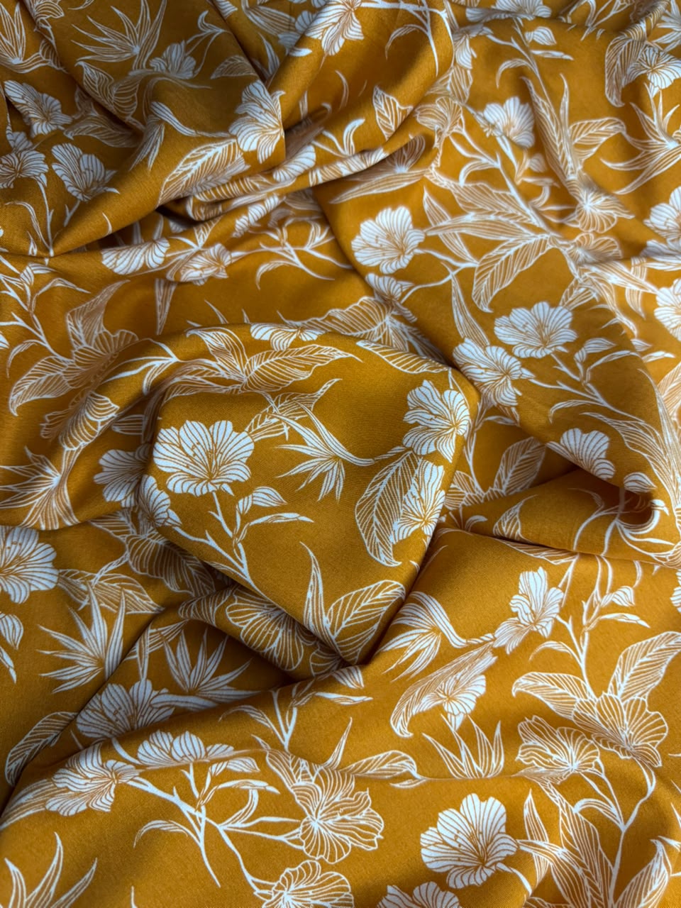 Luxury Imported Stone Linen – White Floral Print | Mustard