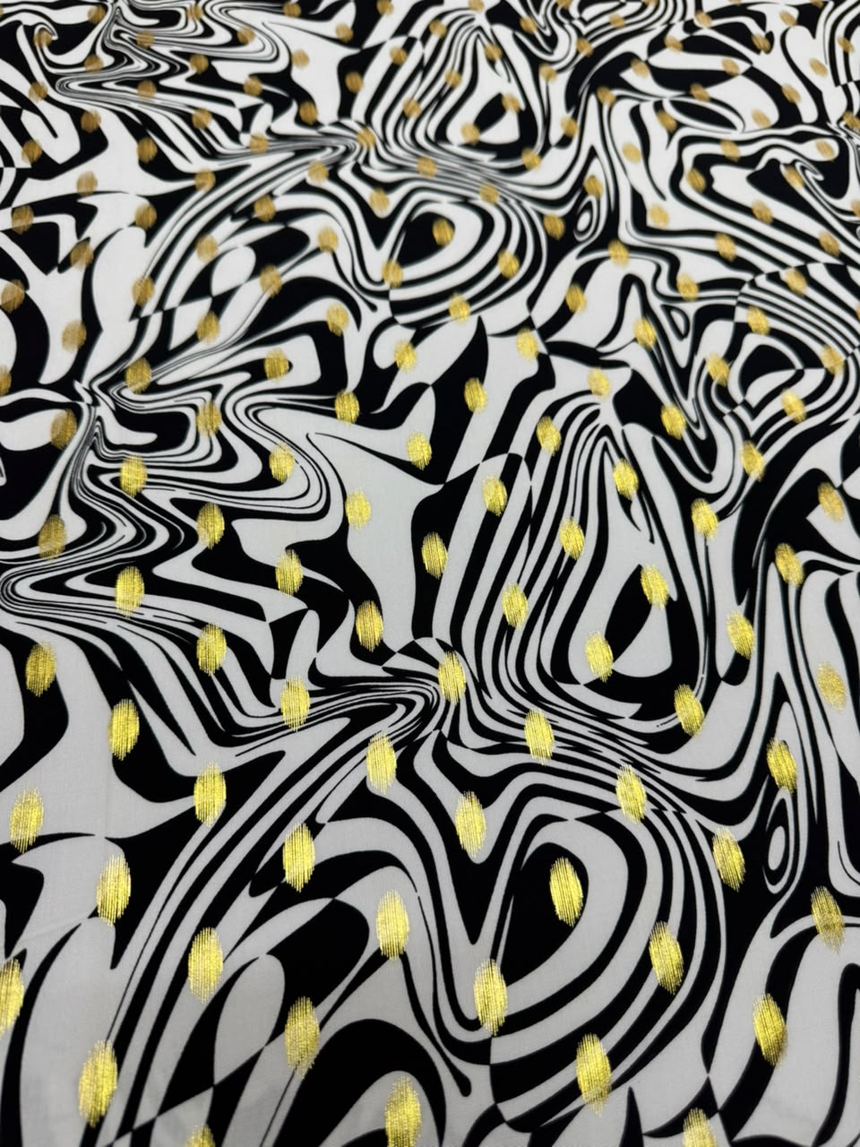 Zari Linen - Black & White Abstract Wavy Printed Fabric with Gold Zari Dots