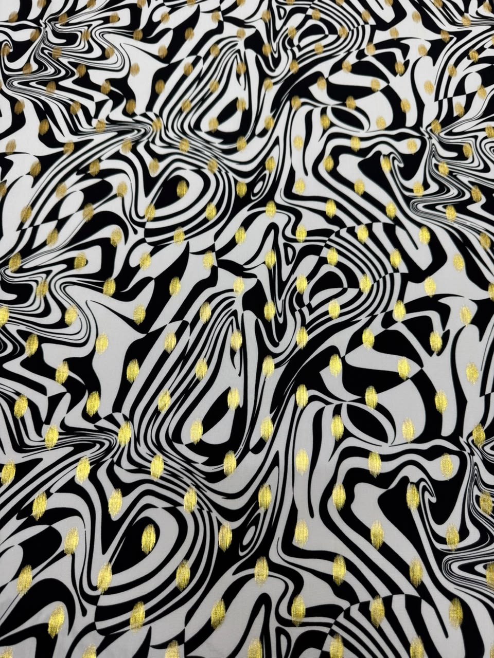 Zari Linen - Black & White Abstract Wavy Printed Fabric with Gold Zari Dots