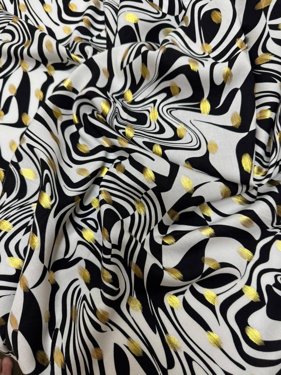 Zari Linen - Black & White Abstract Wavy Printed Fabric with Gold Zari Dots