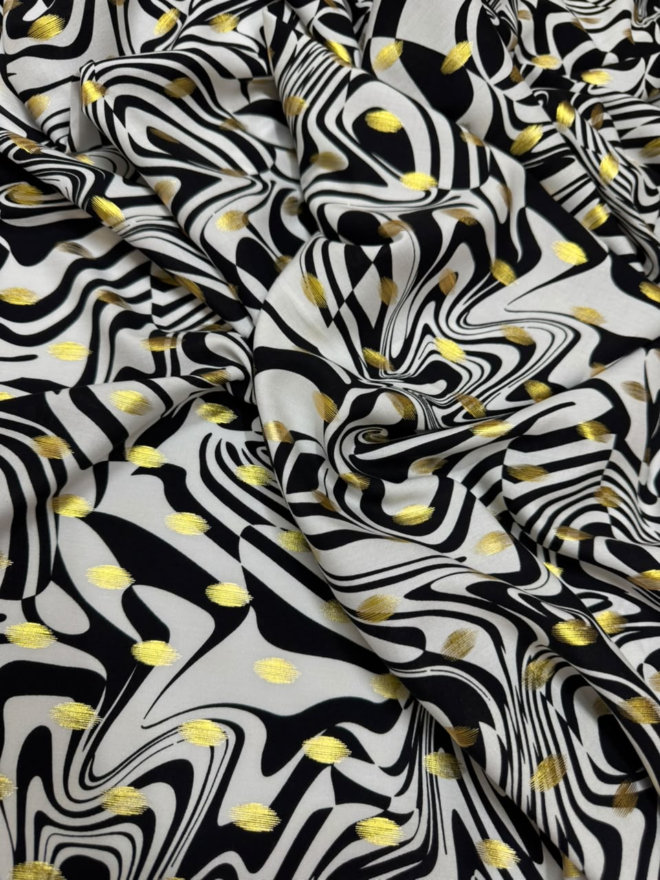 Zari Linen - Black & White Abstract Wavy Printed Fabric with Gold Zari Dots