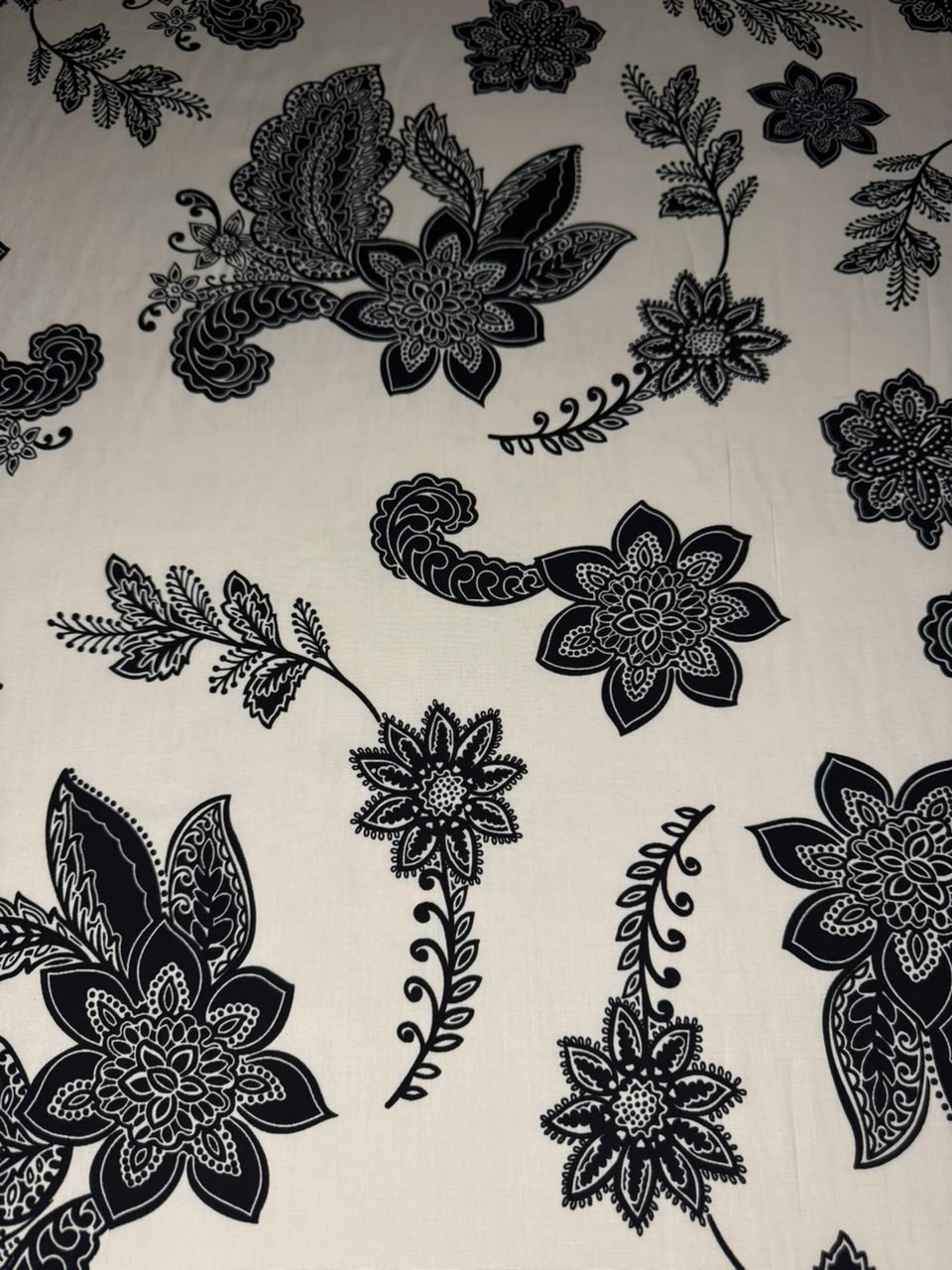 Luxury Stone Linen Fabric – Black & Off-White Floral Paisley Print