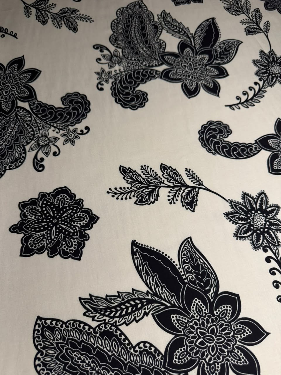 Luxury Stone Linen Fabric – Black & Off-White Floral Paisley Print