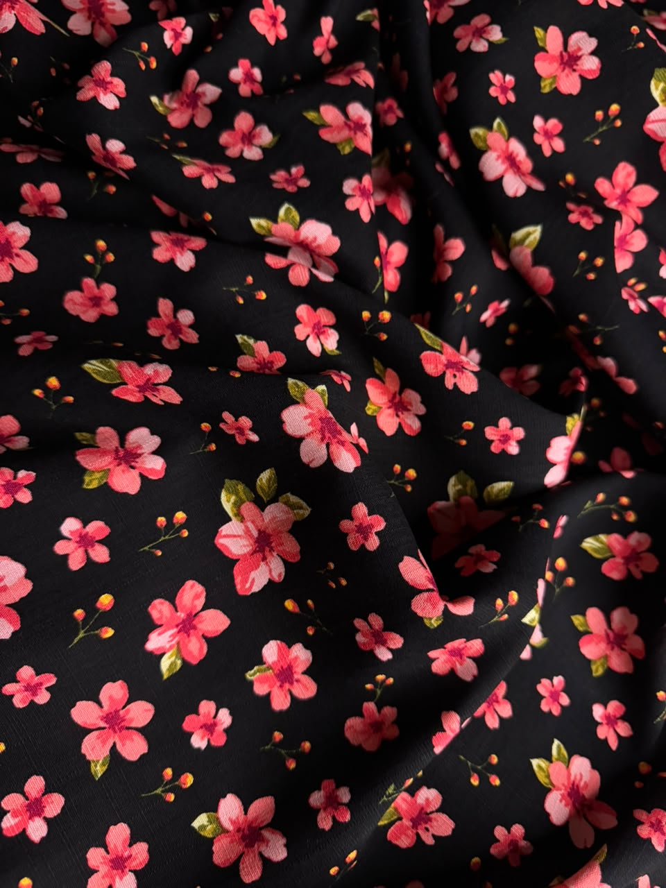 Premium Irish Linen - Petite Floral Blossom - Midnight Black & Pink