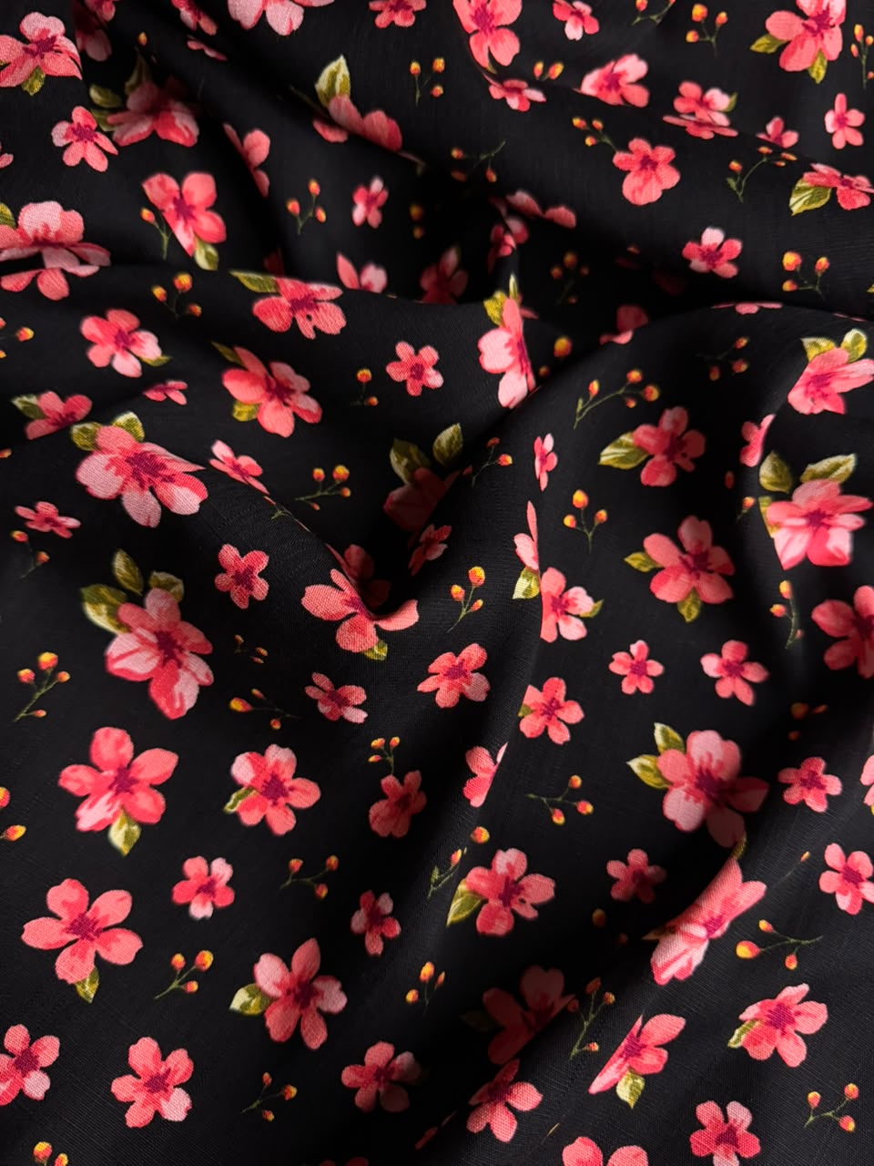 Premium Irish Linen - Petite Floral Blossom - Midnight Black & Pink