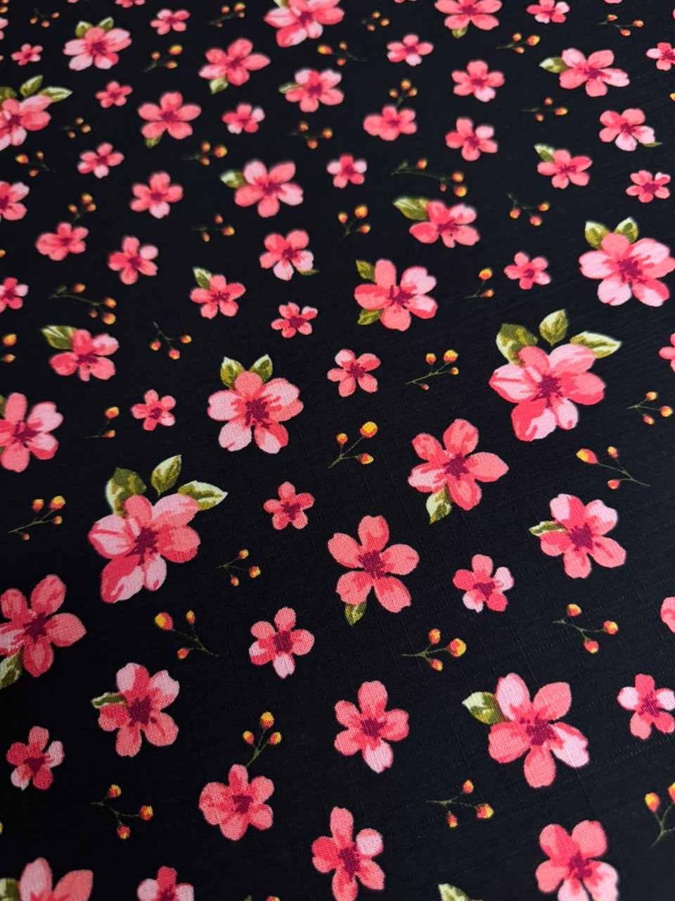 Premium Irish Linen - Petite Floral Blossom - Midnight Black & Pink