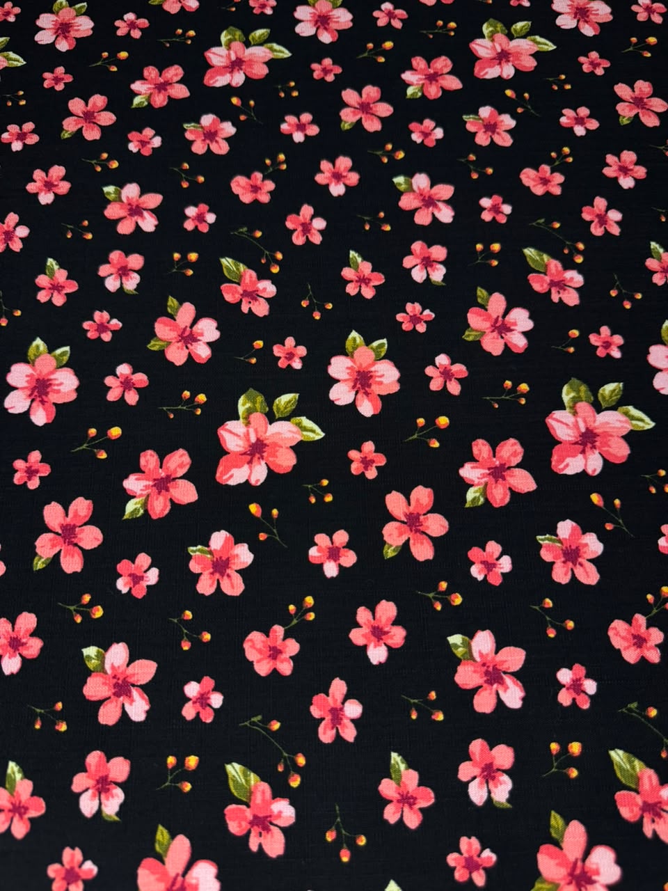 Premium Irish Linen - Petite Floral Blossom - Midnight Black & Pink