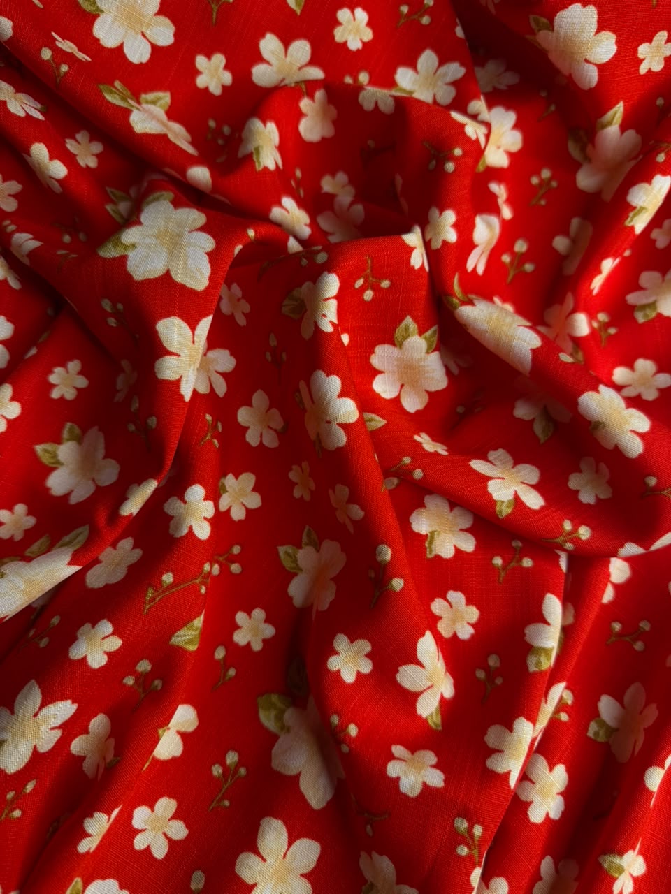 Premium Irish Linen - Crimson Floral Bloom - Scarlet Red & Cream