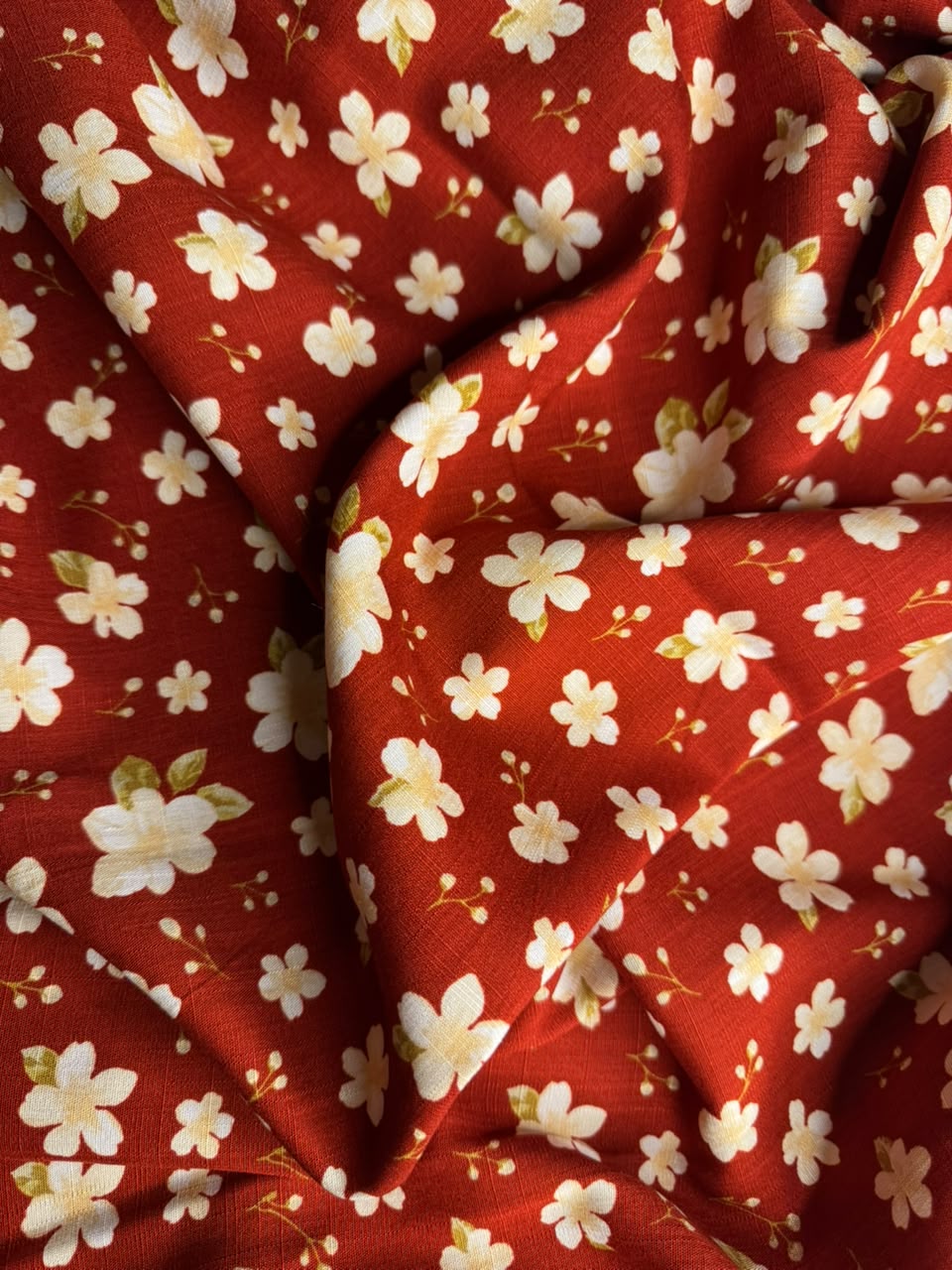 Premium Irish Linen - Rustic Meadow Blossom - Terracotta Red & Cream