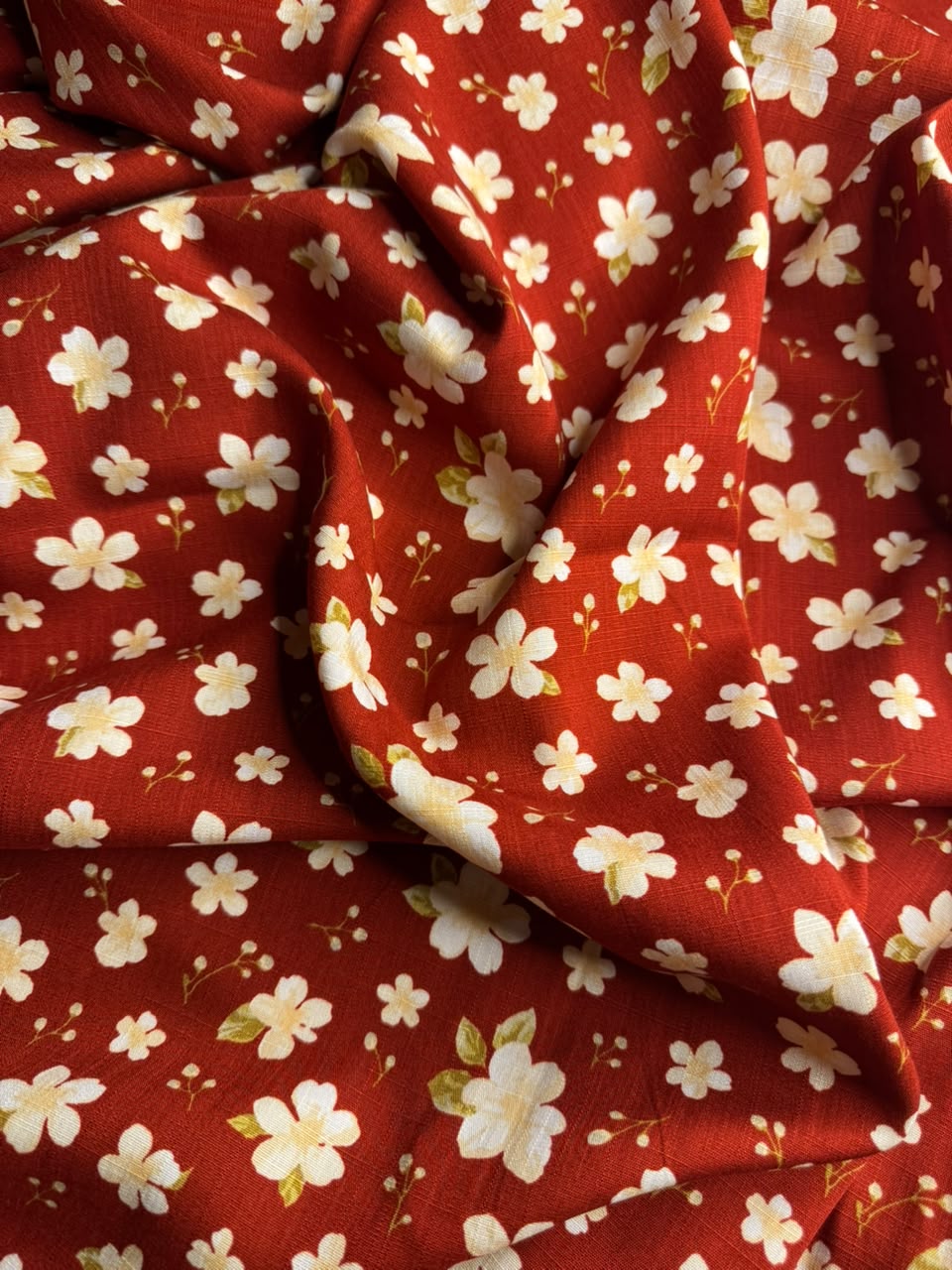 Premium Irish Linen - Rustic Meadow Blossom - Terracotta Red & Cream