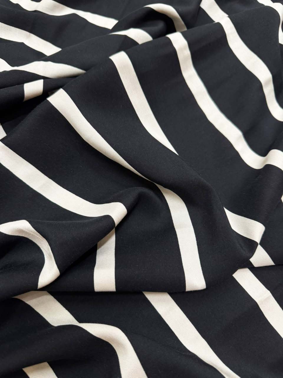 Luxury Stone Linen Fabric - Jet Black & Off-White Classic Stripe Print