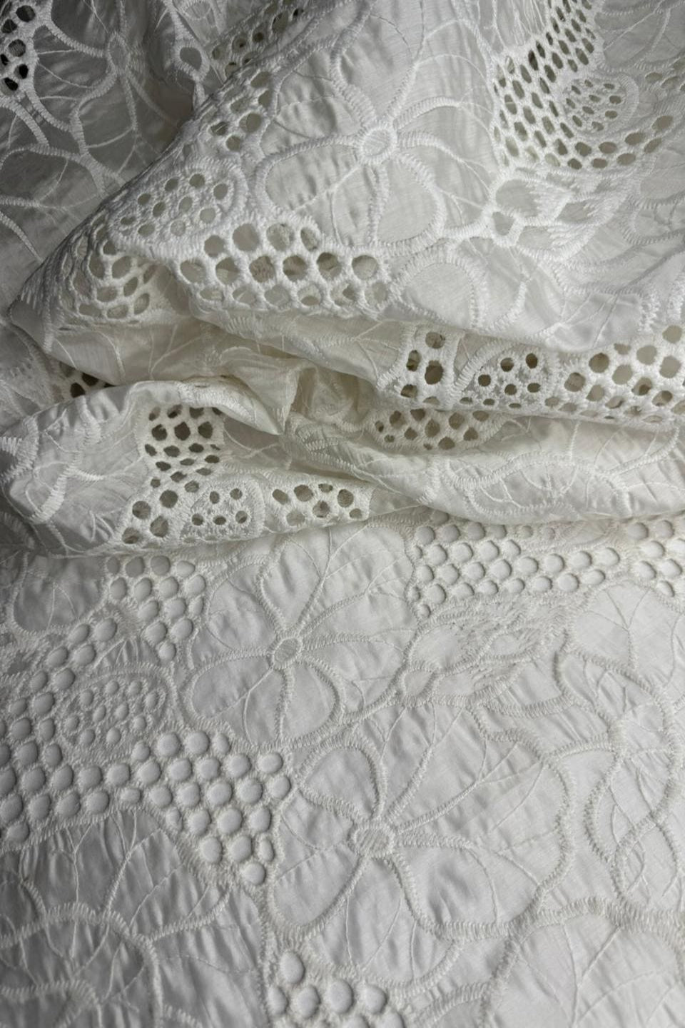 Close-up of white lace fabric with intricate patterns