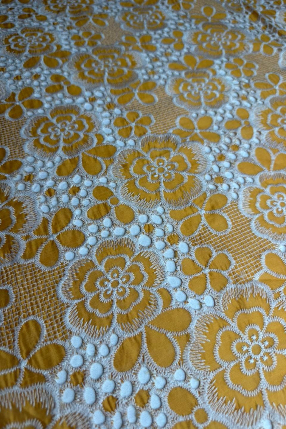 Close-up of yellow floral lace fabric