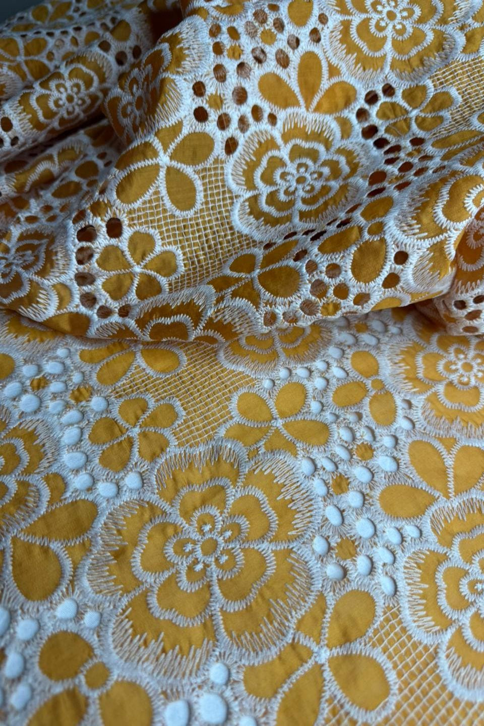 Close-up of yellow floral lace fabric