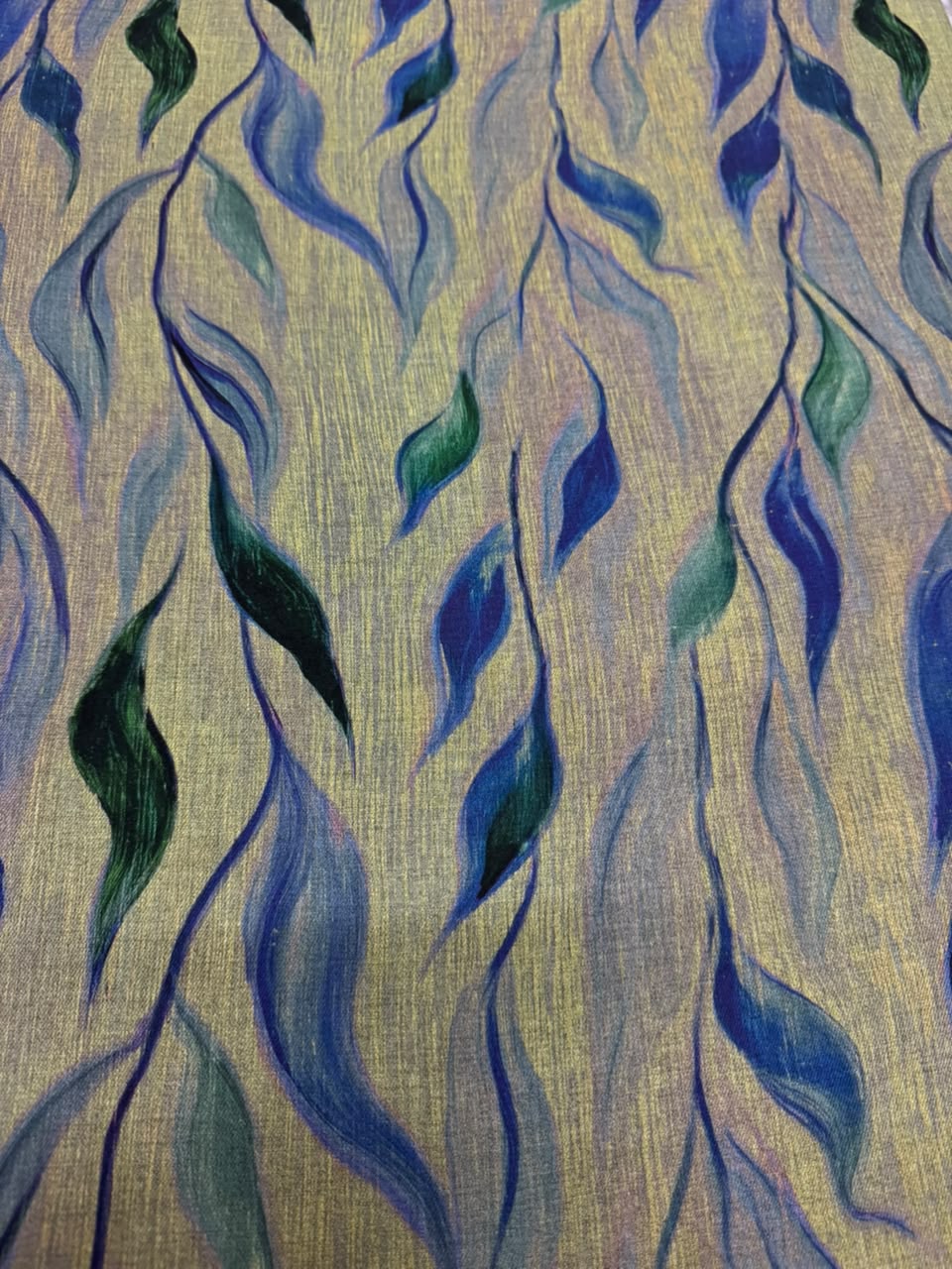 LAVIN Pure Pashmina – Abstract Flowing Leaves Blue Green Printed Fabric