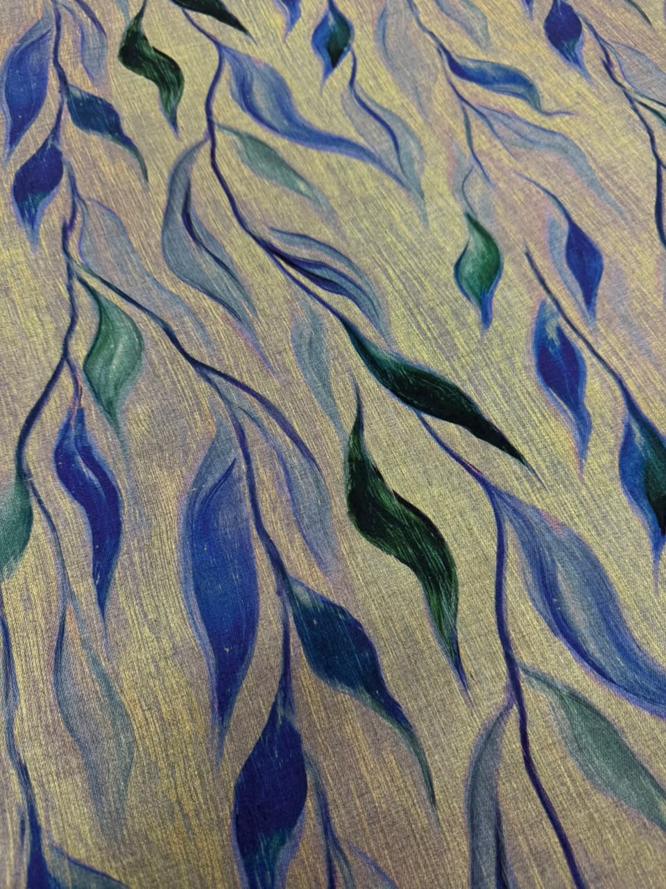 LAVIN Pure Pashmina – Abstract Flowing Leaves Blue Green Printed Fabric