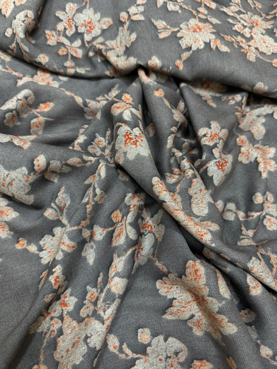 LAVIN Pure Pashmina – Blossom Vine Floral Charcoal Grey Printed Fabric