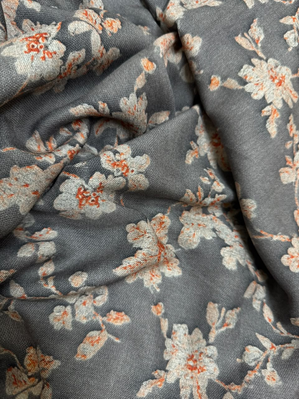 LAVIN Pure Pashmina – Blossom Vine Floral Charcoal Grey Printed Fabric