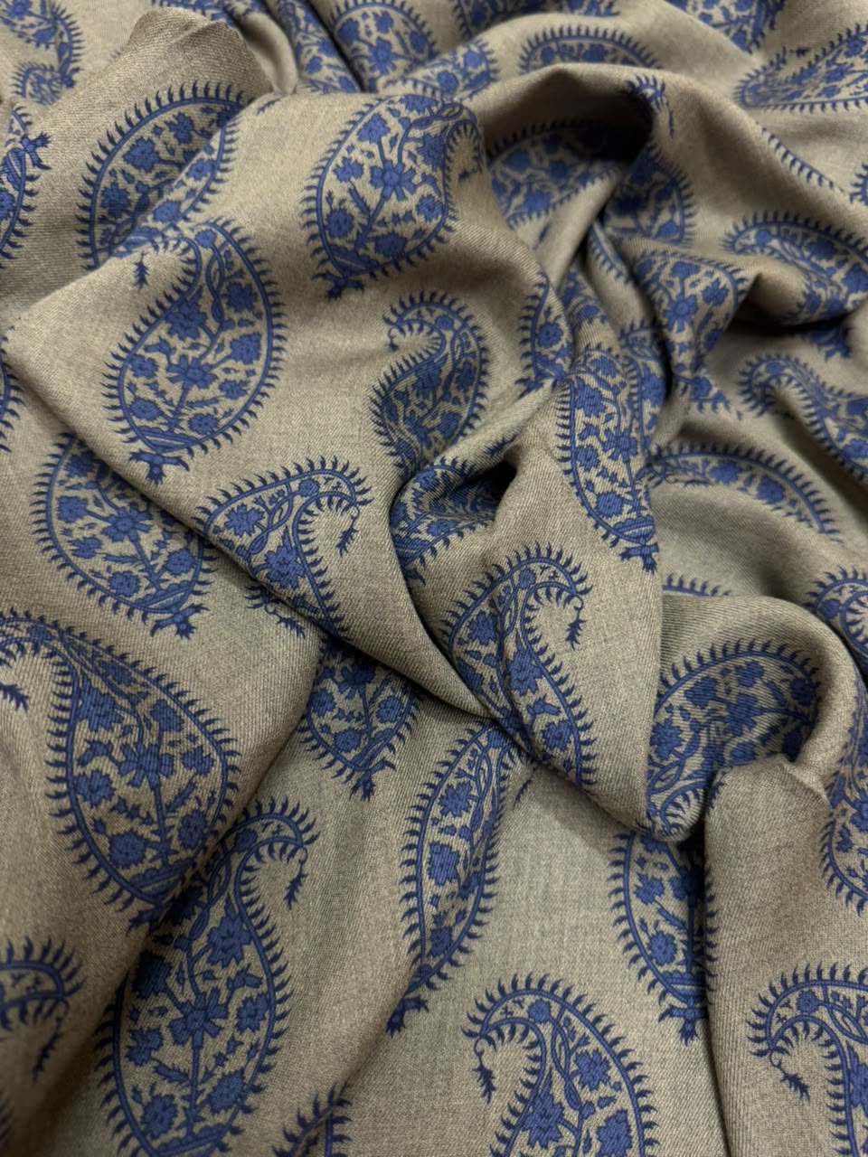 Levin Pure Pashmina – Beige & Navy Blue Paisley Printed Fabric