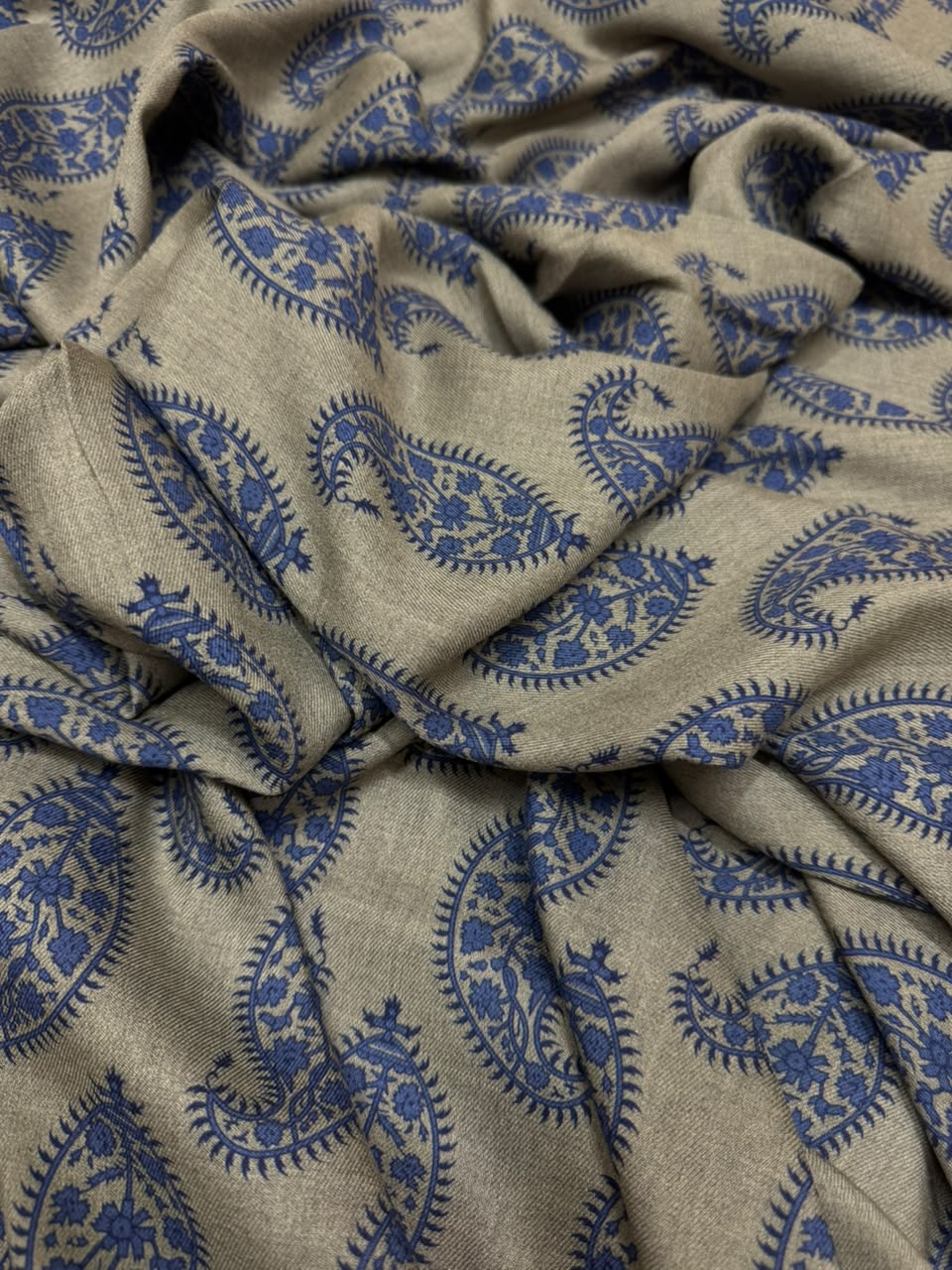 Levin Pure Pashmina – Beige & Navy Blue Paisley Printed Fabric