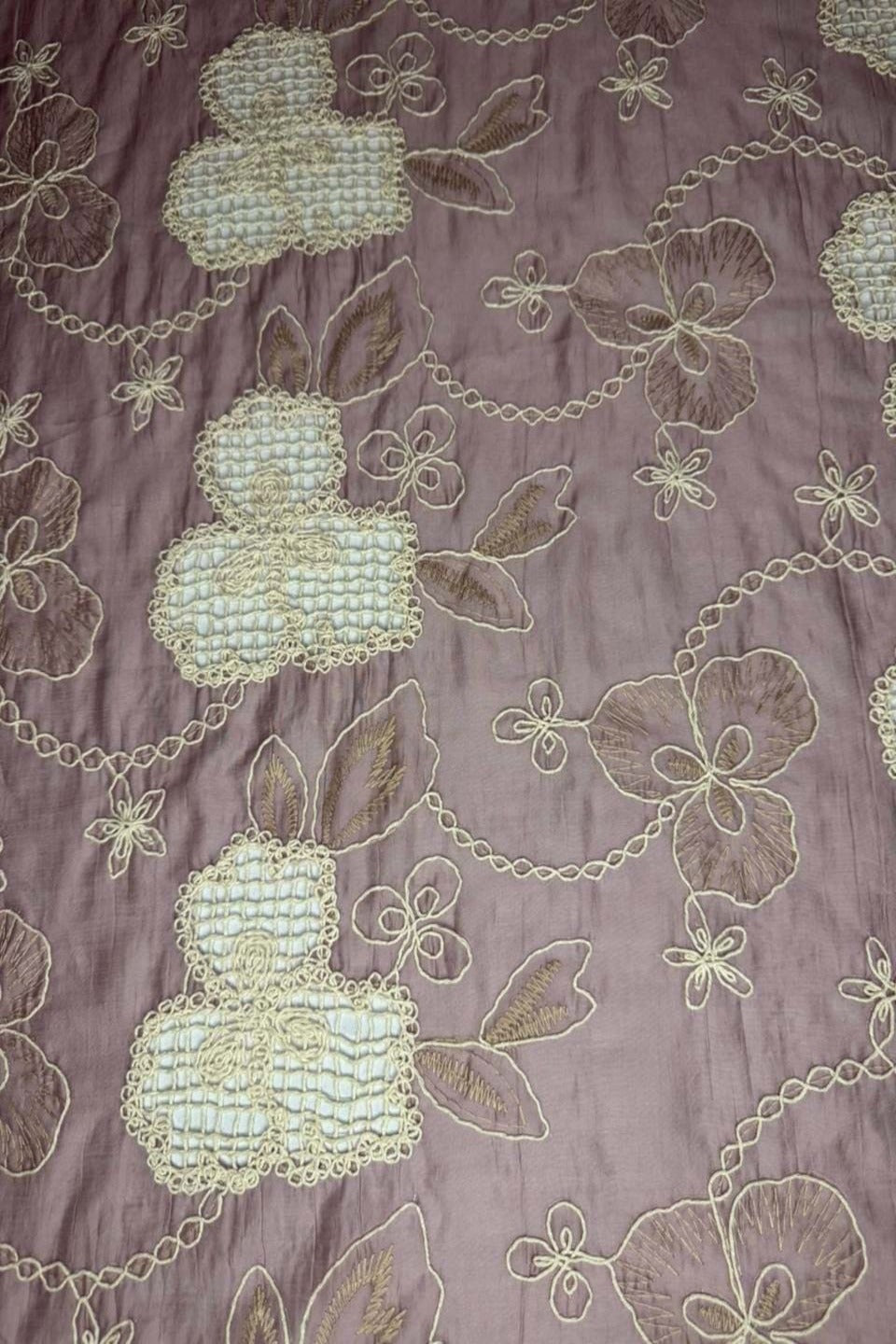 "Premium Designer Dusty Rose Paper Silk Shirt – Intricate Ivory Chikan Kari & Jali Cutwork"