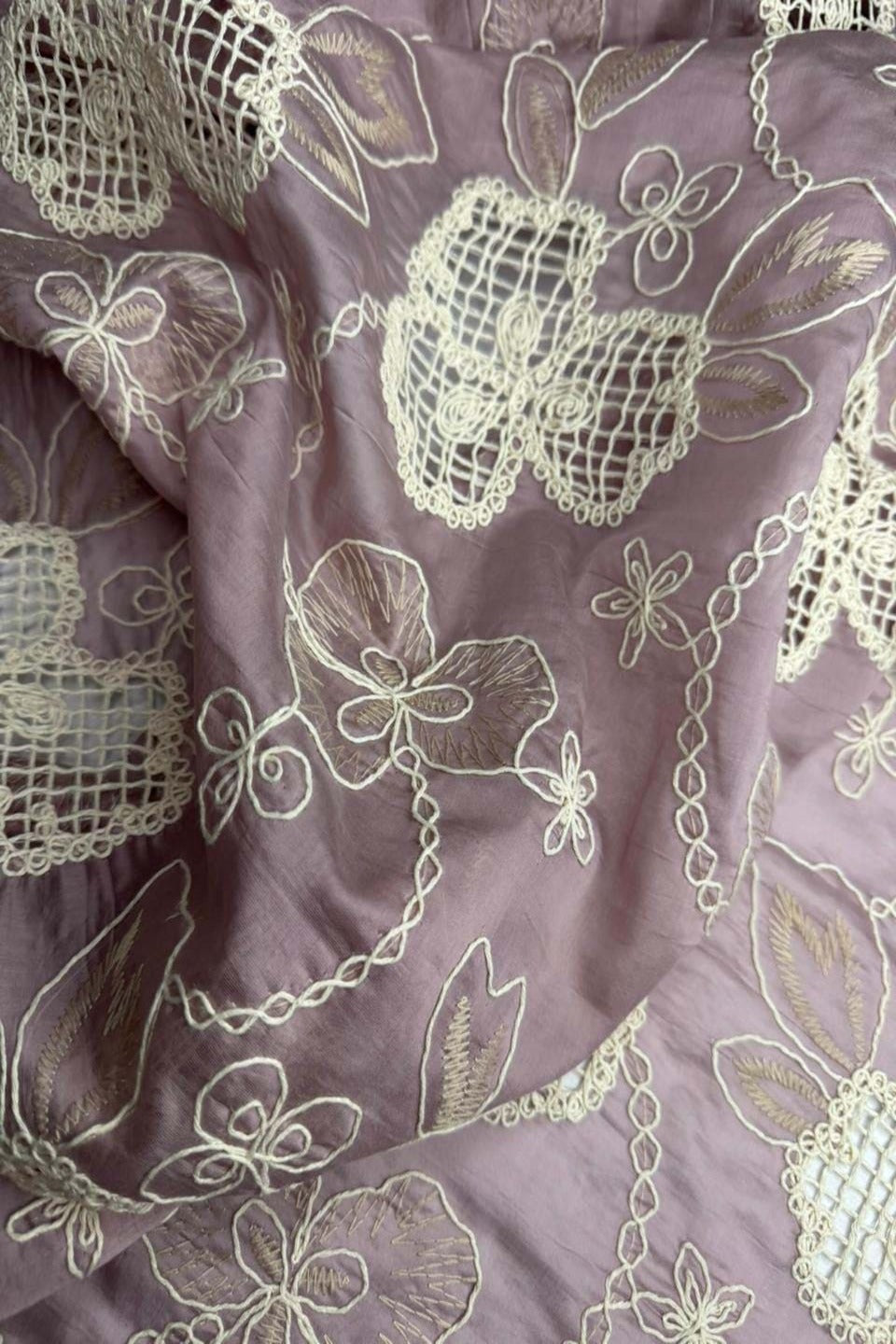 "Premium Designer Dusty Rose Paper Silk Shirt – Intricate Ivory Chikan Kari & Jali Cutwork"