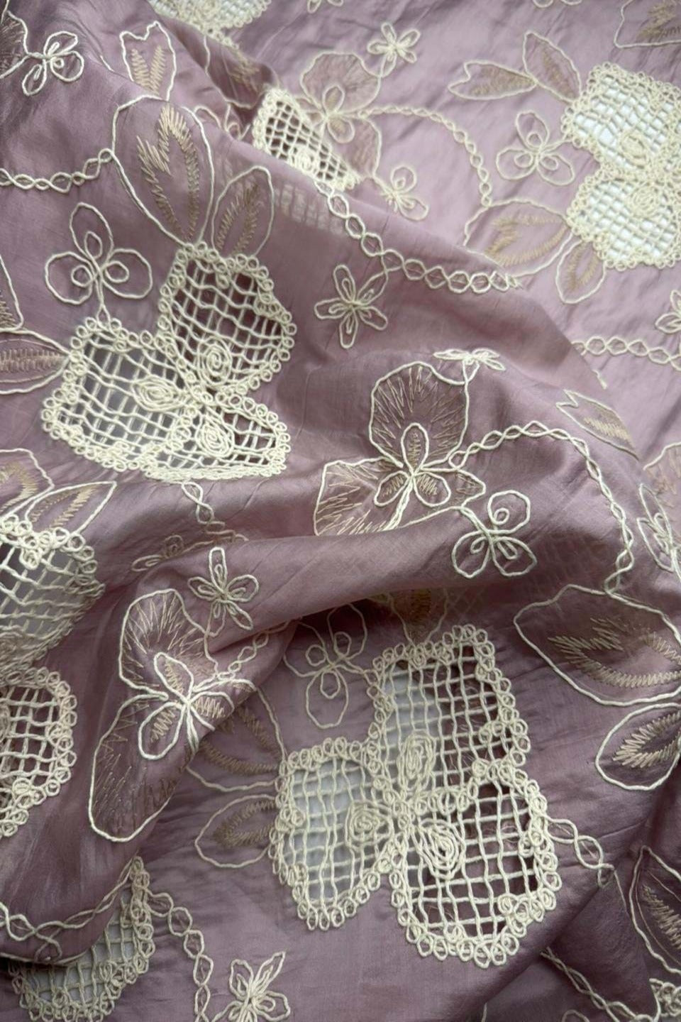 "Premium Designer Dusty Rose Paper Silk Shirt – Intricate Ivory Chikan Kari & Jali Cutwork"