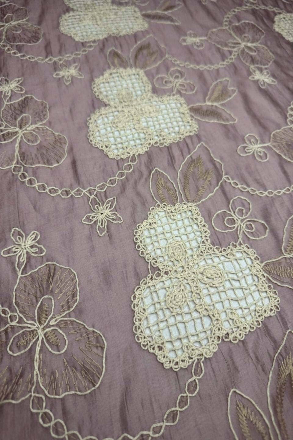 "Premium Designer Dusty Rose Paper Silk Shirt – Intricate Ivory Chikan Kari & Jali Cutwork"