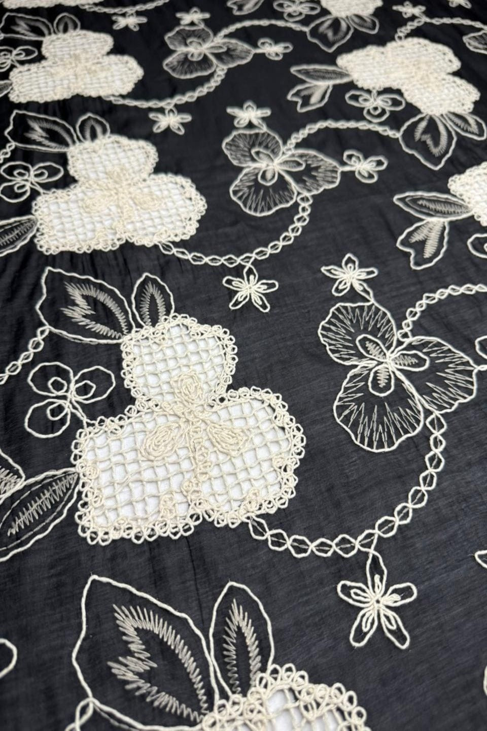 Midnight Black Paper Silk Shirt – Bold Ivory Chikan Kari & Floral Jali Work